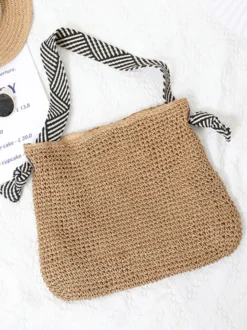 Sac cabas en raphia tressé bandoulière en tissu rayé grande capacité idéal pour les vacances d'été à la plage.