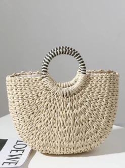 Sac de plage semi-circulaire en paille avec coque pour femme (2026)