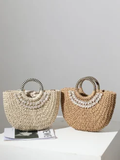 Sac de plage semi-circulaire en paille avec coque pour femme (2026)