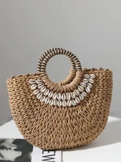 Sac de plage semi-circulaire en paille avec coque pour femme (2026)
