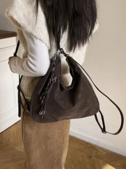 Sac à dos fourre-tout multi-usages en daim vintage à franges grande capacité convertible en sac à bandoulière