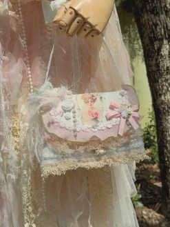 Sac Lolita de Style pastoral sac à bandoulière en Polyester rose avec nœuds appliqués en Fiber de Polyester accessoires Lolita