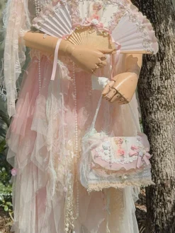 Sac Lolita de Style pastoral sac à bandoulière en Polyester rose avec nœuds appliqués en Fiber de Polyester accessoires Lolita