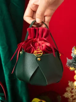 Sacs Pour Femme Sac De Noël À Lacets Bordeaux Cadeau Noël Avec Poignée Ronde Détails En Métal Bicolore