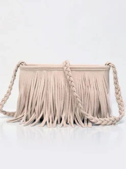 Sacs pour femmes café marron simili cuir forme horizontale bandoulière frange fermeture éclair