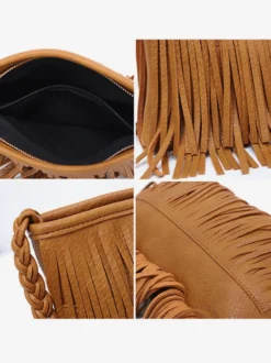 Sacs pour femmes café marron simili cuir forme horizontale bandoulière frange fermeture éclair