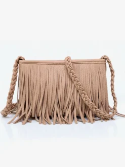 Sacs pour femmes café marron simili cuir forme horizontale bandoulière frange fermeture éclair