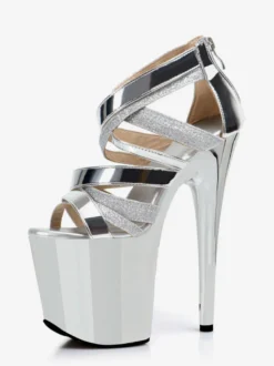 Sandales argentées sexy à plateforme et bout ouvert talons hauts.