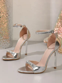 Sandales argentées à talons hauts bout ouvert ornées de strass chaussures de soirée pour femmes
