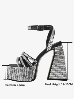 Sandales Chaussures de soirée noires strass bloc talon plate-forme à talons hauts carré
