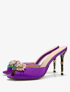Sandales Chaussures Femmes Cristal Bout Rond Soie Et Satin Slide Talon Aiguille Violet
