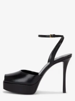 Sandales compensées noires pour femmes bout ouvert bride cheville chaussures de soirée