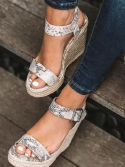 Sandales Compensées à Talons Femme avec Brides Unicolore avec Bout Ouvert