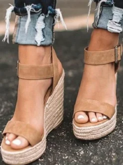 Sandales Compensées à Talons Femme avec Brides Unicolore avec Bout Ouvert