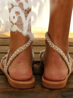 Sandales de mariage plates perlées blanches Chaussures de mariage Boho