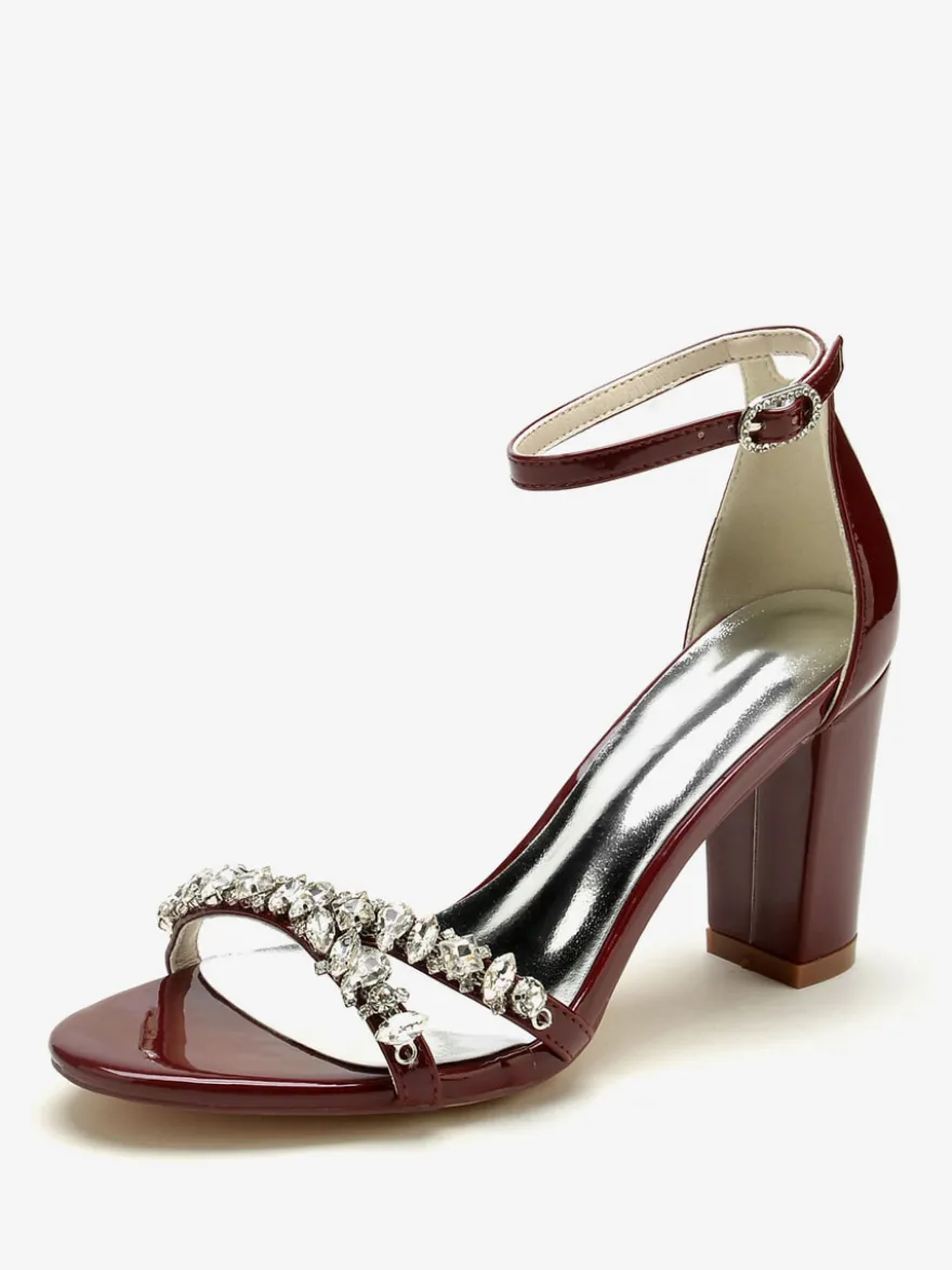 Sandales De Mariée Bordeaux Vernis Supérieur Chic Chaussures De Mariage À Bout Ouvert Strass