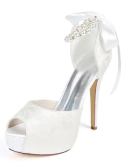 Sandales de mariée bout ouvert talon ivoire en dentelle Chaussures de mariée à lanière décoré de perles
