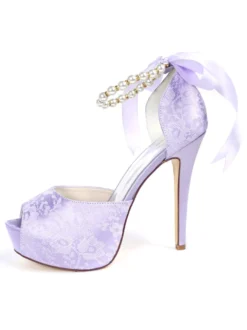 Sandales de mariée bout ouvert talon ivoire en dentelle Chaussures de mariée à lanière décoré de perles