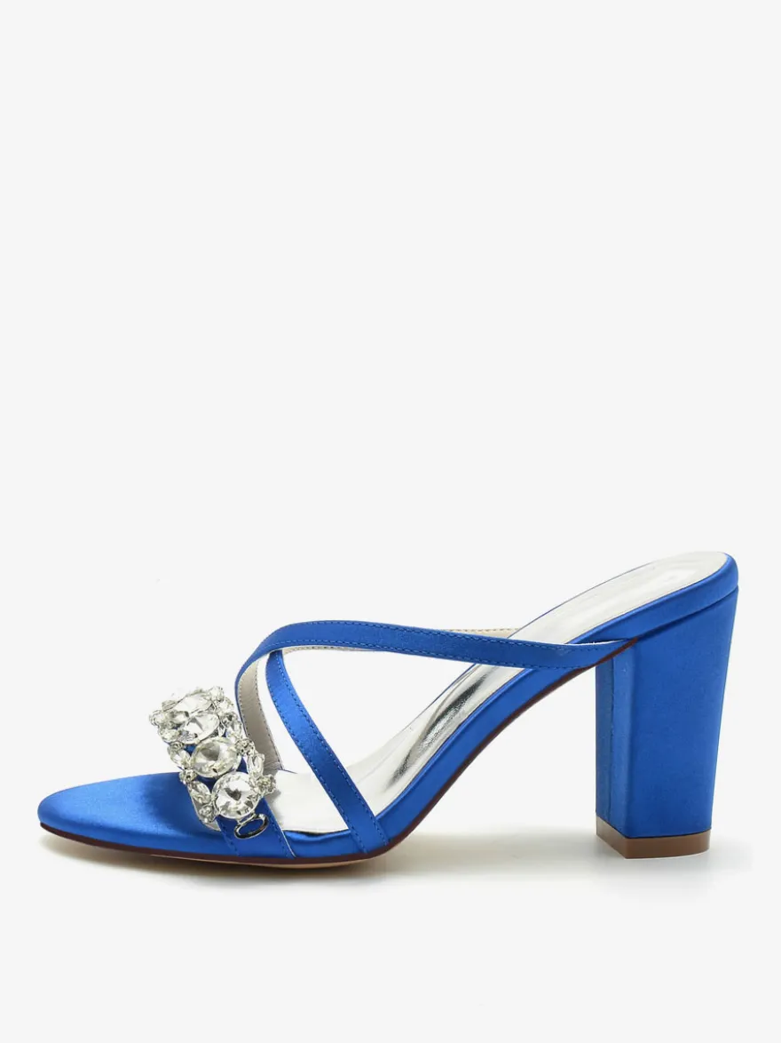 Sandales de mariée Deep Blue Satin Chic Sandales de mariage à bout ouvert et strass