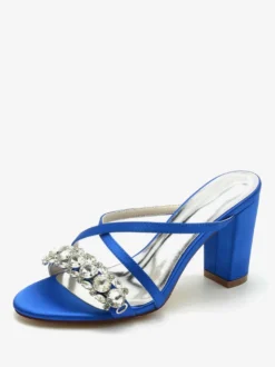Sandales de mariée Deep Blue Satin Chic Sandales de mariage à bout ouvert et strass