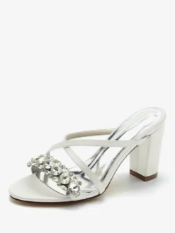 Sandales de mariée Deep Blue Satin Chic Sandales de mariage à bout ouvert et strass