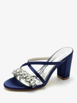 Sandales de mariée Deep Blue Satin Chic Sandales de mariage à bout ouvert et strass