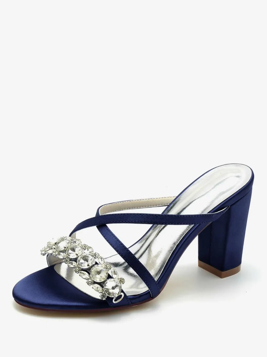 Sandales de mariée Deep Blue Satin Chic Sandales de mariage à bout ouvert et strass