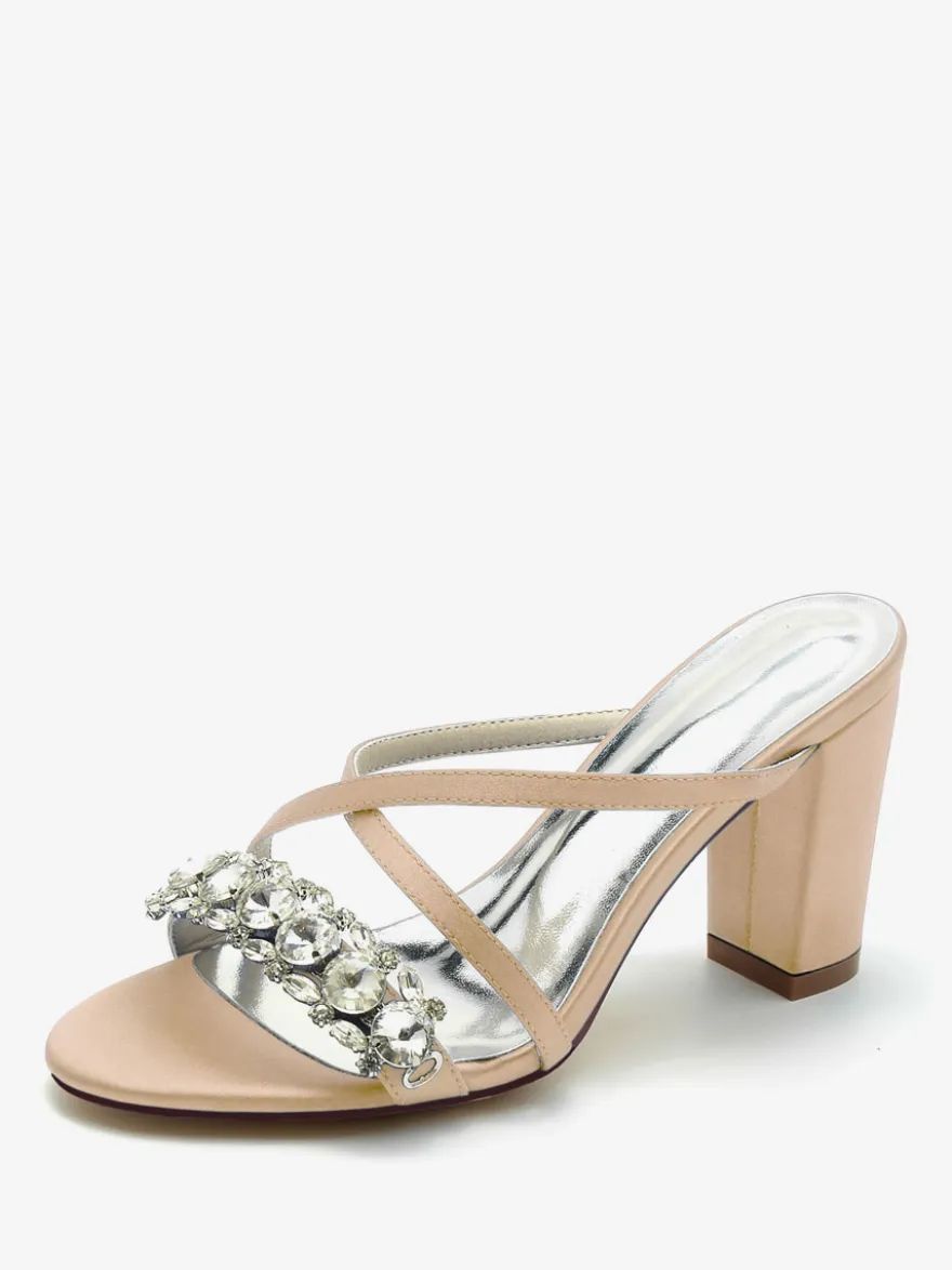 Sandales de mariée Deep Blue Satin Chic Sandales de mariage à bout ouvert et strass