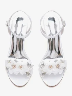 Sandales De Mariée En Satin Blanc Bout Ouvert Fleur Chaussures De Mariage