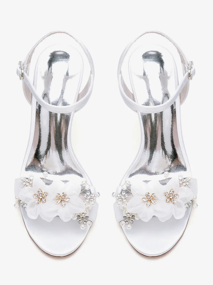 Sandales De Mariée En Satin Blanc Bout Ouvert Fleur Chaussures De Mariage