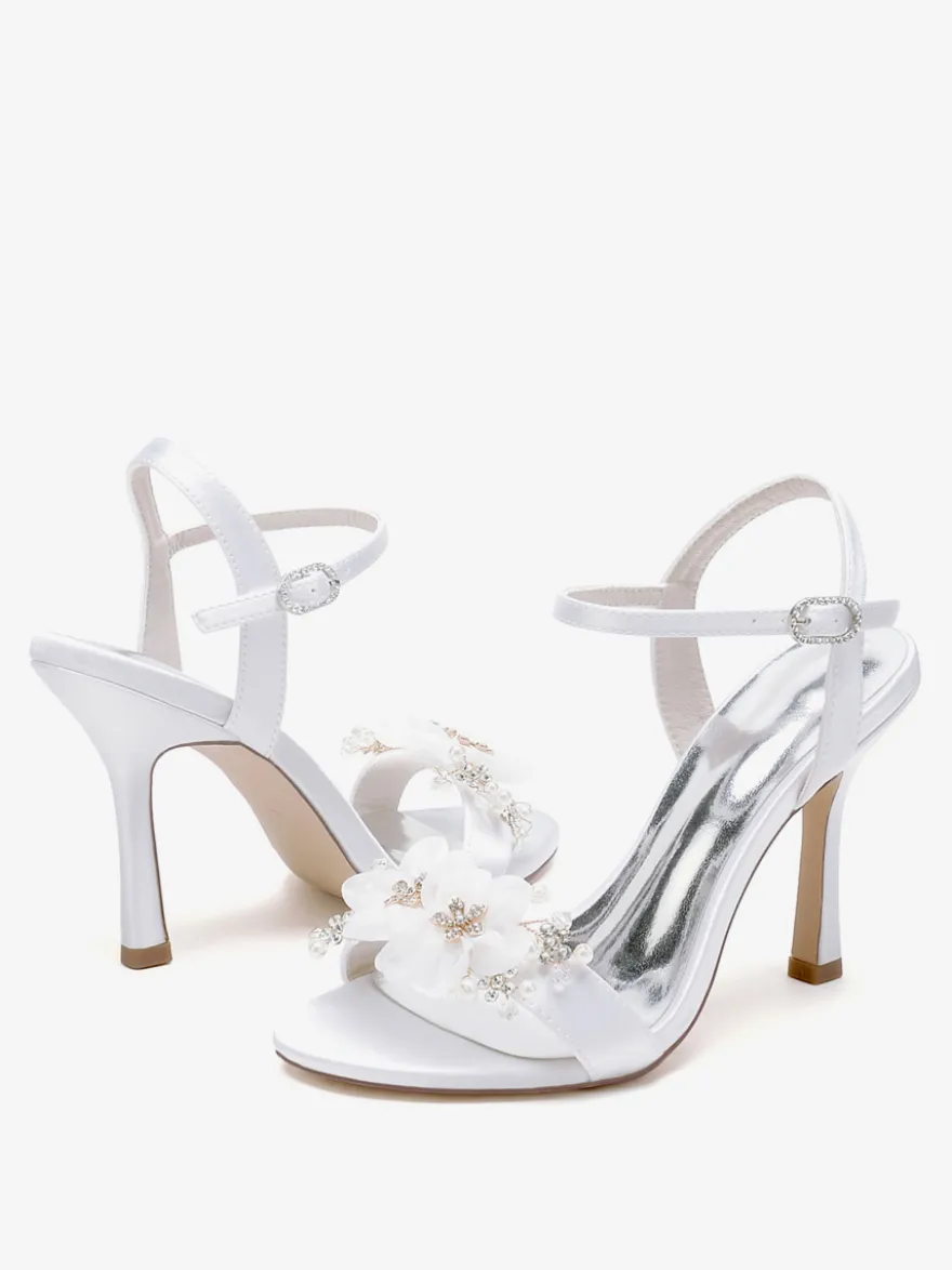 Sandales De Mariée En Satin Blanc Bout Ouvert Fleur Chaussures De Mariage