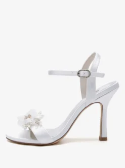 Sandales De Mariée En Satin Blanc Bout Ouvert Fleur Chaussures De Mariage