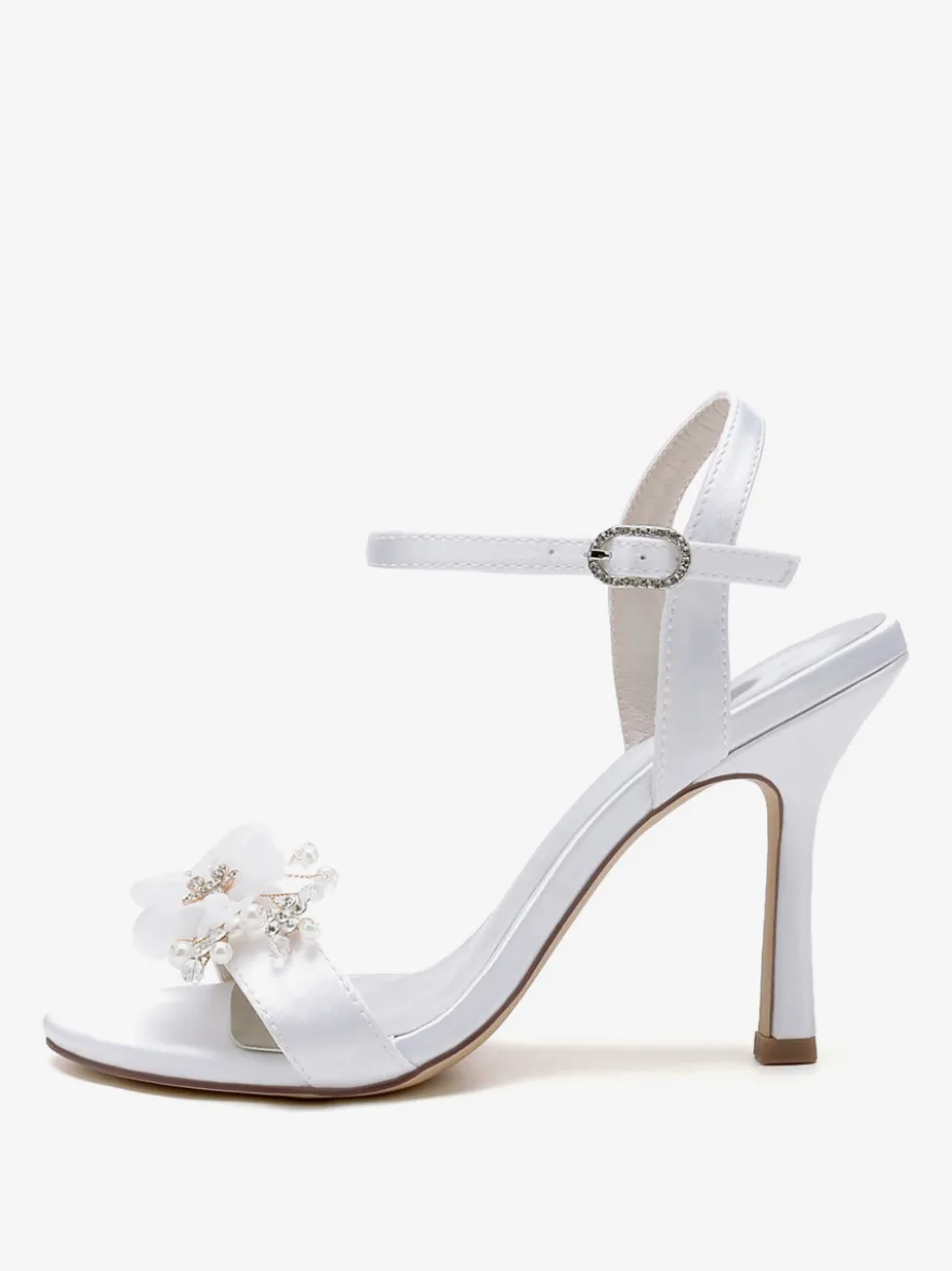 Sandales De Mariée En Satin Blanc Bout Ouvert Fleur Chaussures De Mariage