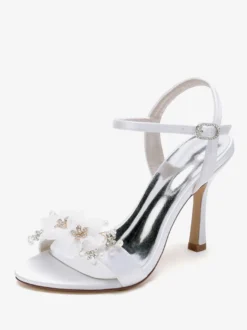 Sandales De Mariée En Satin Blanc Bout Ouvert Fleur Chaussures De Mariage