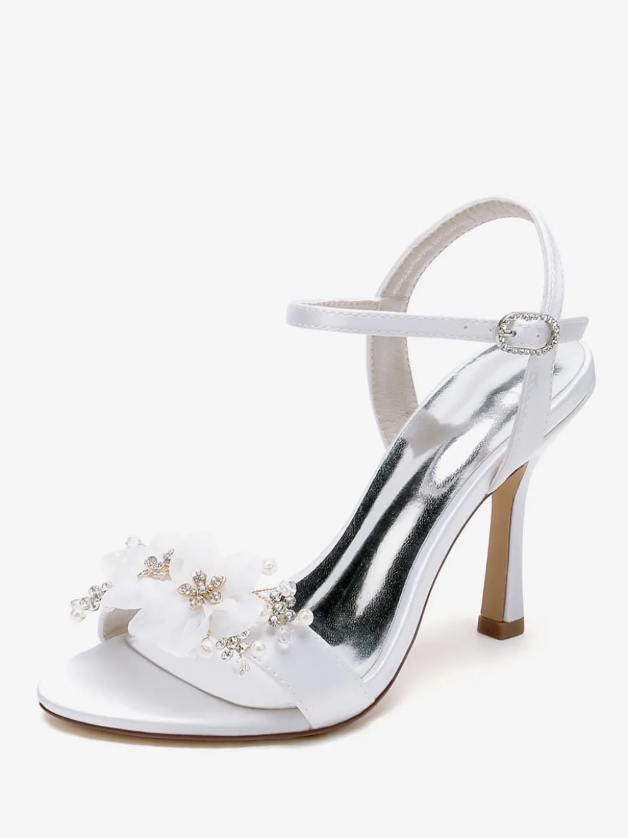 Sandales De Mariée En Satin Blanc Bout Ouvert Fleur Chaussures De Mariage