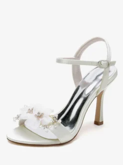 Sandales De Mariée En Satin Blanc Bout Ouvert Fleur Chaussures De Mariage