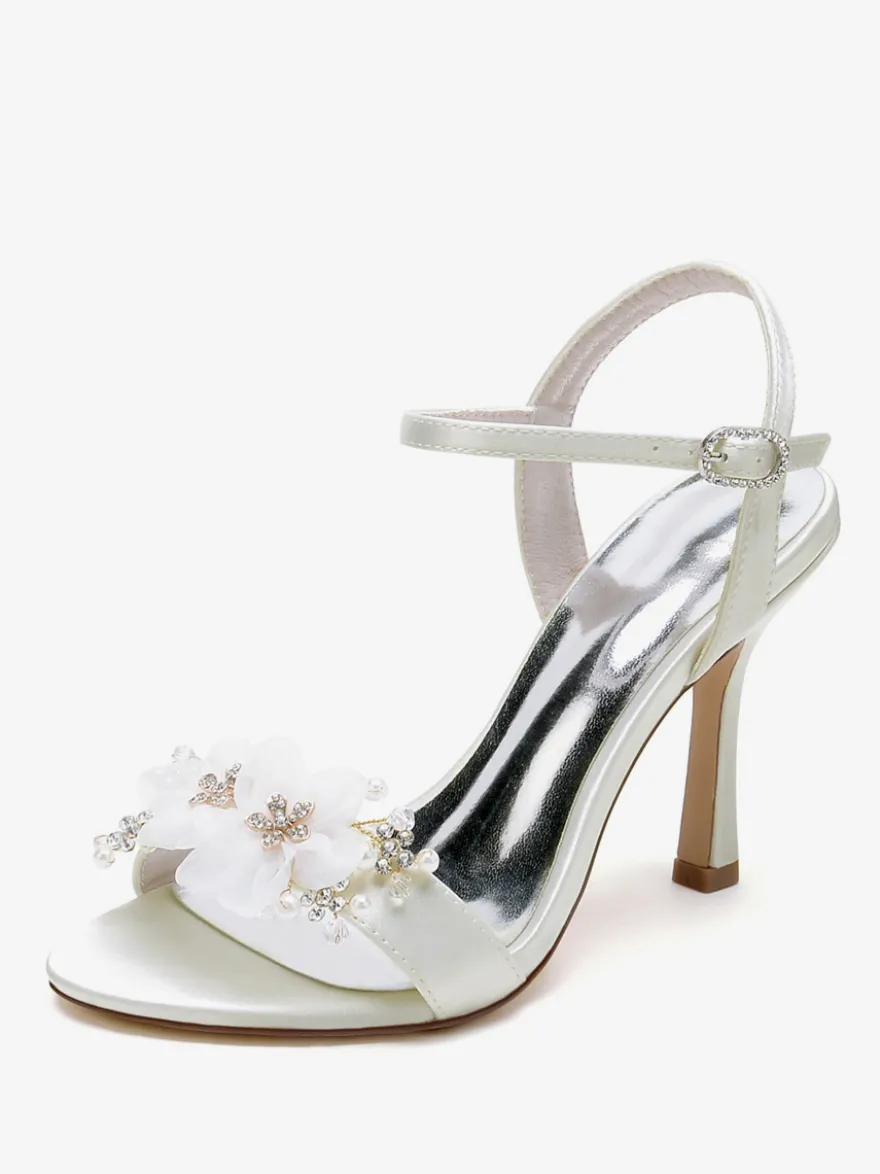 Sandales De Mariée En Satin Blanc Bout Ouvert Fleur Chaussures De Mariage