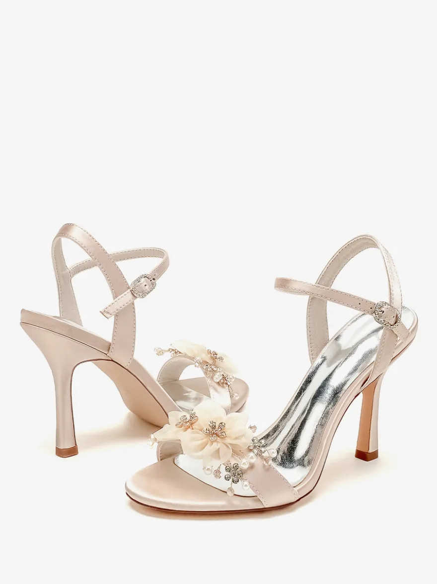 Sandales De Mariée En Satin Blanc Bout Ouvert Fleur Chaussures De Mariage