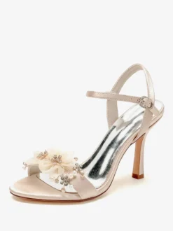 Sandales De Mariée En Satin Blanc Bout Ouvert Fleur Chaussures De Mariage