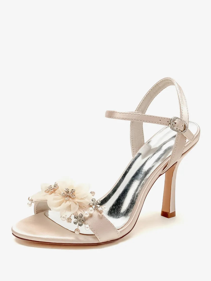 Sandales De Mariée En Satin Blanc Bout Ouvert Fleur Chaussures De Mariage