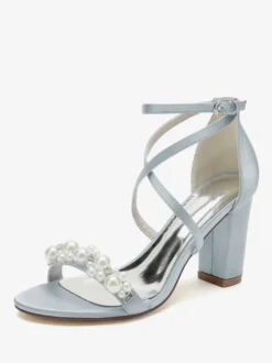 Sandales De Mariée En Satin Blanc Chic Bout Ouvert Perle Femme