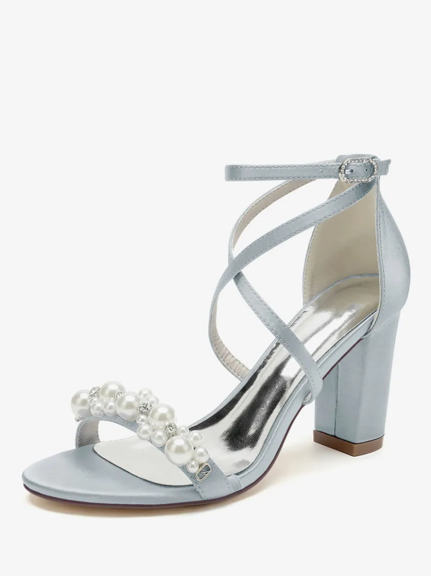 Sandales De Mariée En Satin Blanc Chic Bout Ouvert Perle Femme