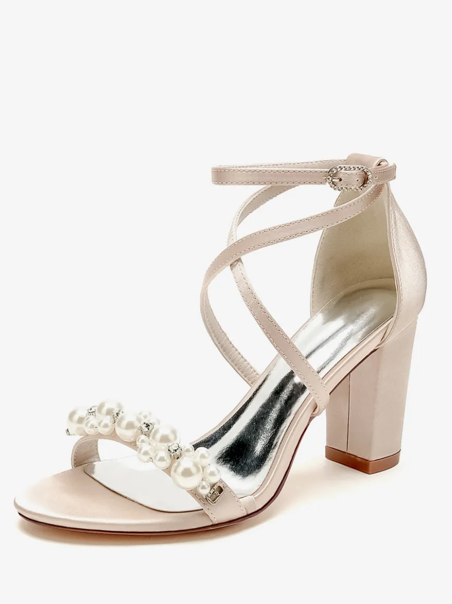 Sandales De Mariée En Satin Blanc Chic Bout Ouvert Perle Femme