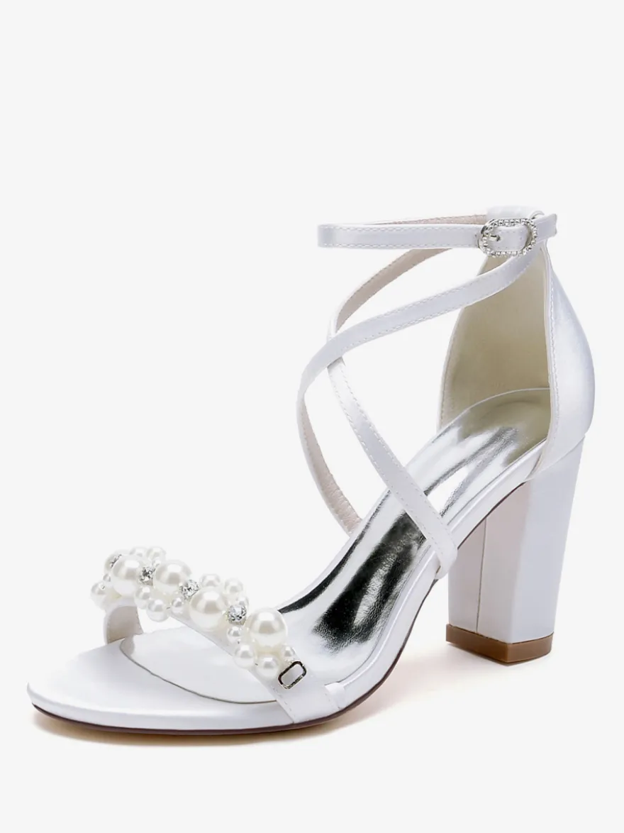 Sandales De Mariée En Satin Blanc Chic Bout Ouvert Perle Femme
