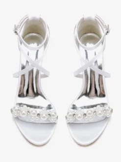 Sandales De Mariée En Satin Blanc Chic Bout Ouvert Perle Femme