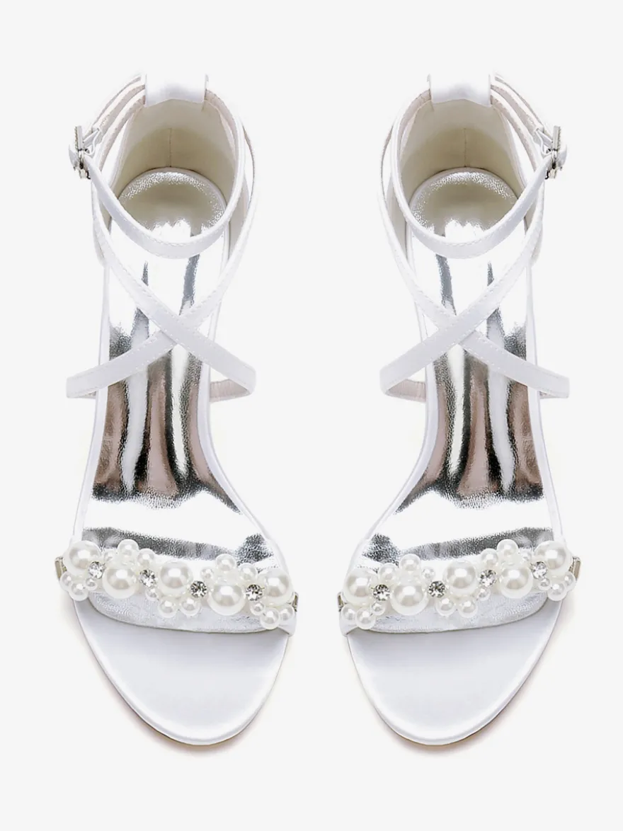 Sandales De Mariée En Satin Blanc Chic Bout Ouvert Perle Femme