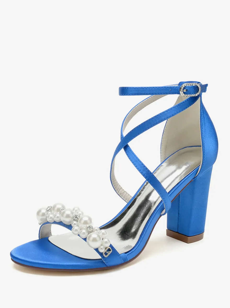 Sandales De Mariée En Satin Blanc Chic Bout Ouvert Perle Femme