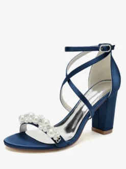 Sandales De Mariée En Satin Blanc Chic Bout Ouvert Perle Femme