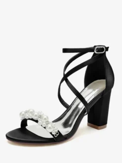 Sandales De Mariée En Satin Blanc Chic Bout Ouvert Perle Femme