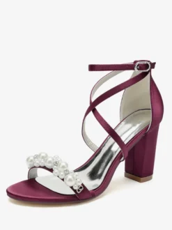 Sandales De Mariée En Satin Blanc Chic Bout Ouvert Perle Femme